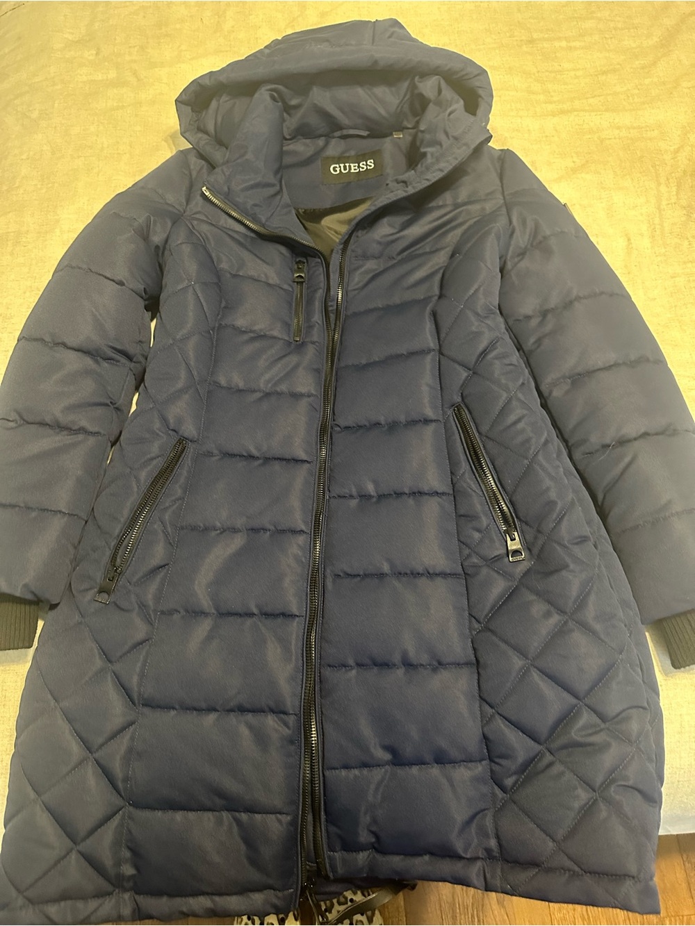 GUESS Navy Quilted Hooded Puffer Coat